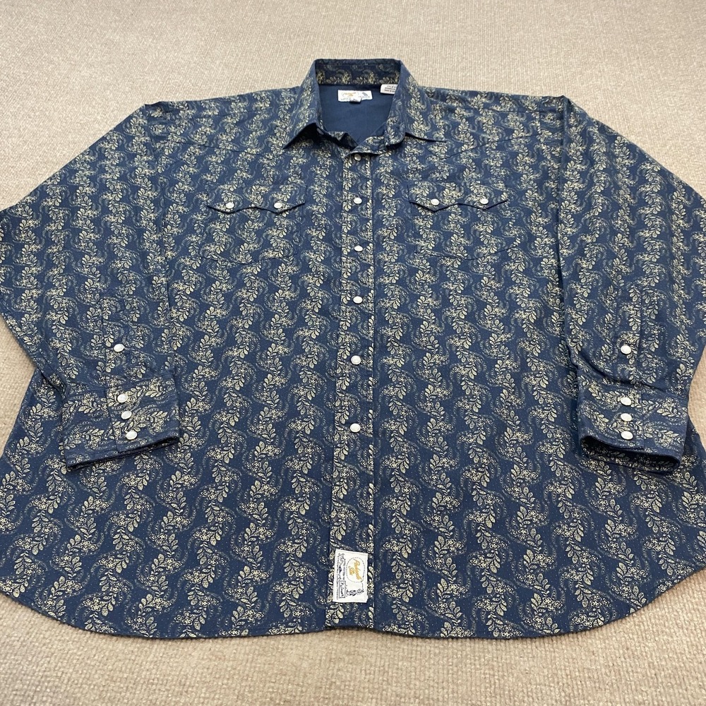 VTG Panhandle Slim Shirt Mens XL Blue Floral Western Pearl Snap Long Sleeve